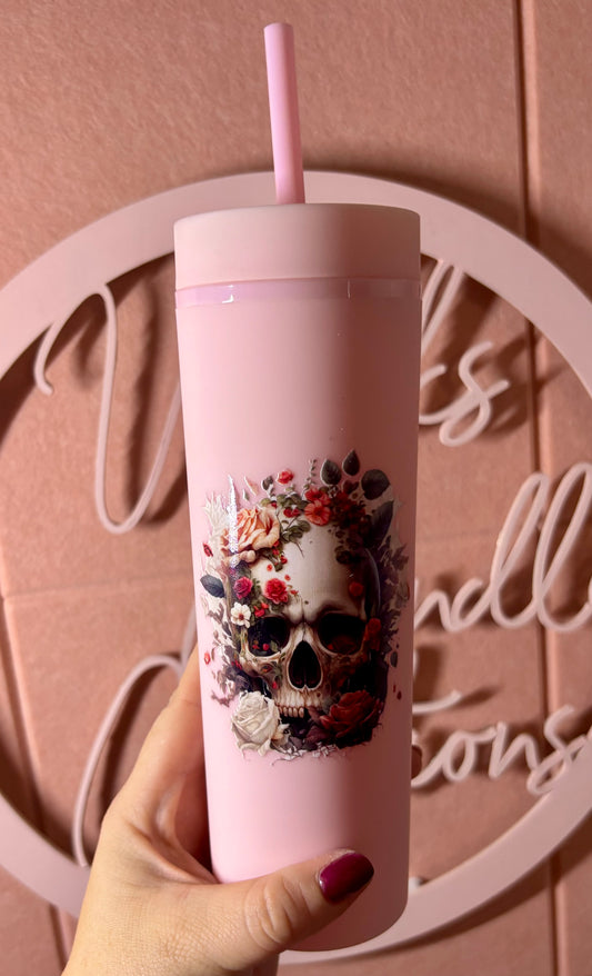 💀 Pink Floral Skull Tumbler – 16oz (Hot & Cold)