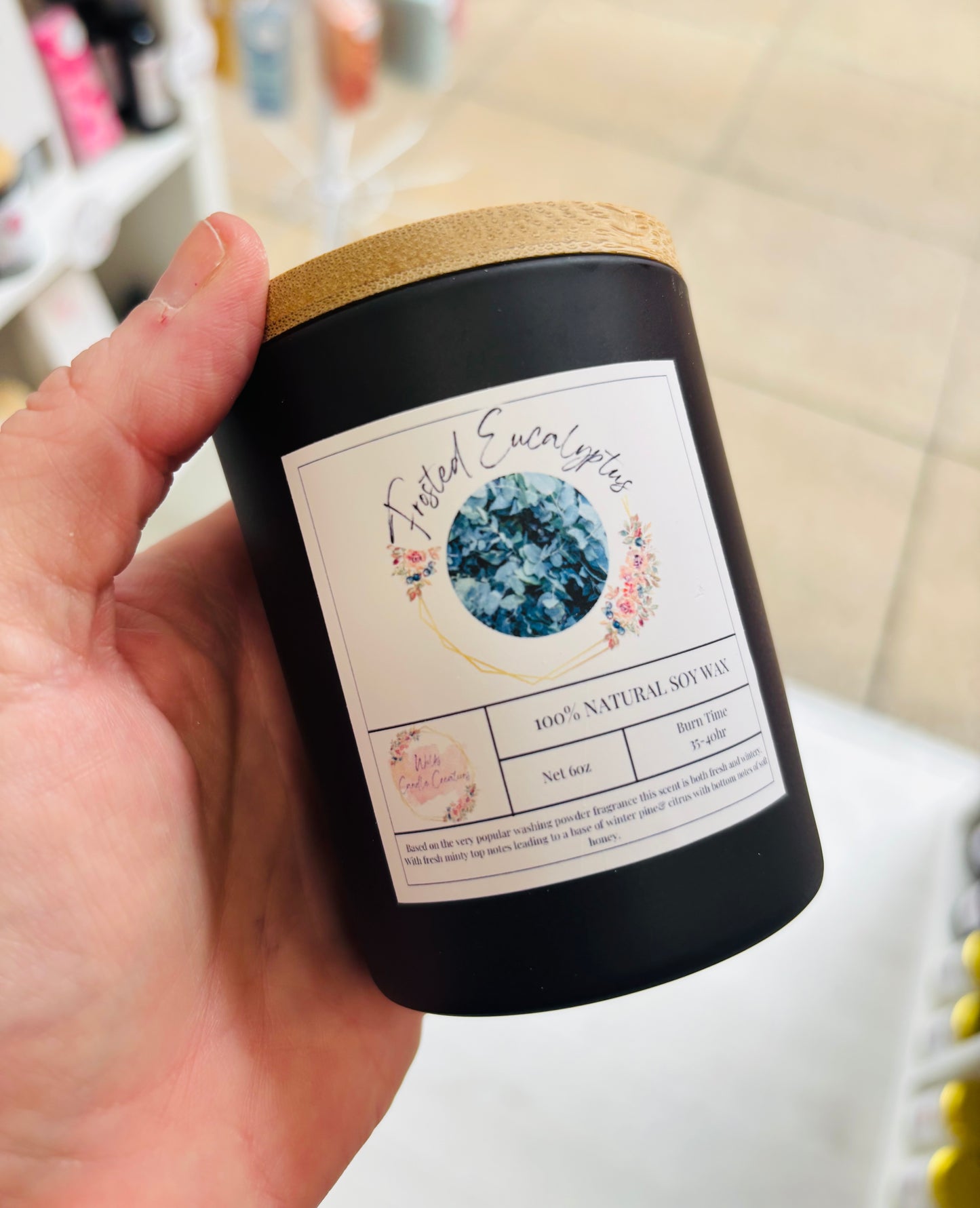 Frosted Eucalyptus Soy Candle | Black Jar with Bamboo Lid | Hand-Poured 6oz