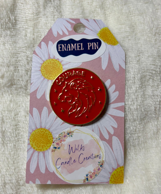 Courage Lion Enamel Pin – Red & Gold Crest Badge