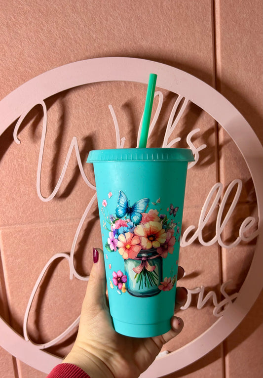 🦋 Floral Butterfly Jar Cold Cup – 24oz