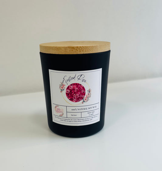 Frosted Rose Soy Candle | Black Jar with Bamboo Lid | Hand-Poured 6oz