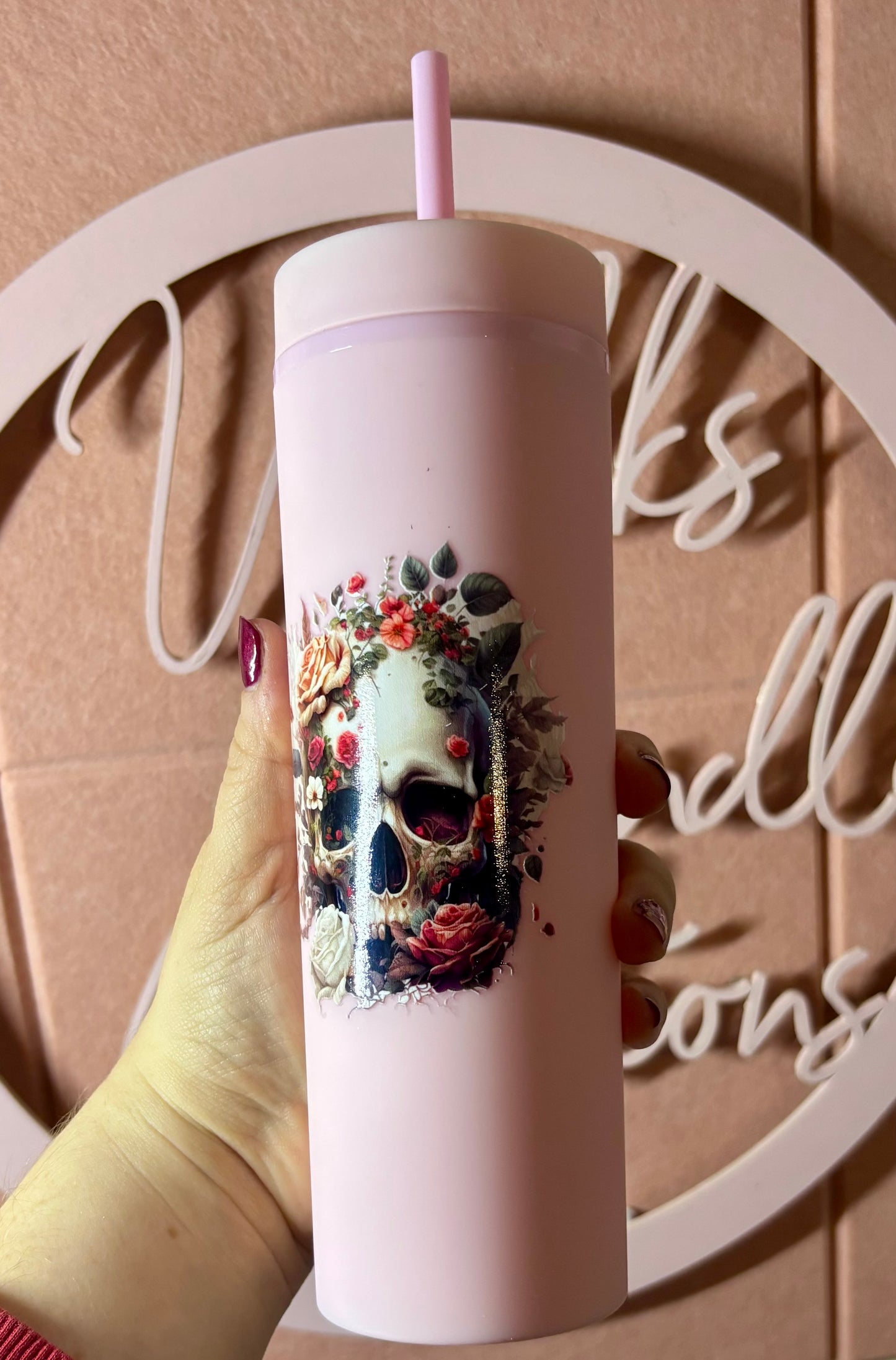 π Pink Floral Skull Tumbler β 16oz (Hot & Cold)