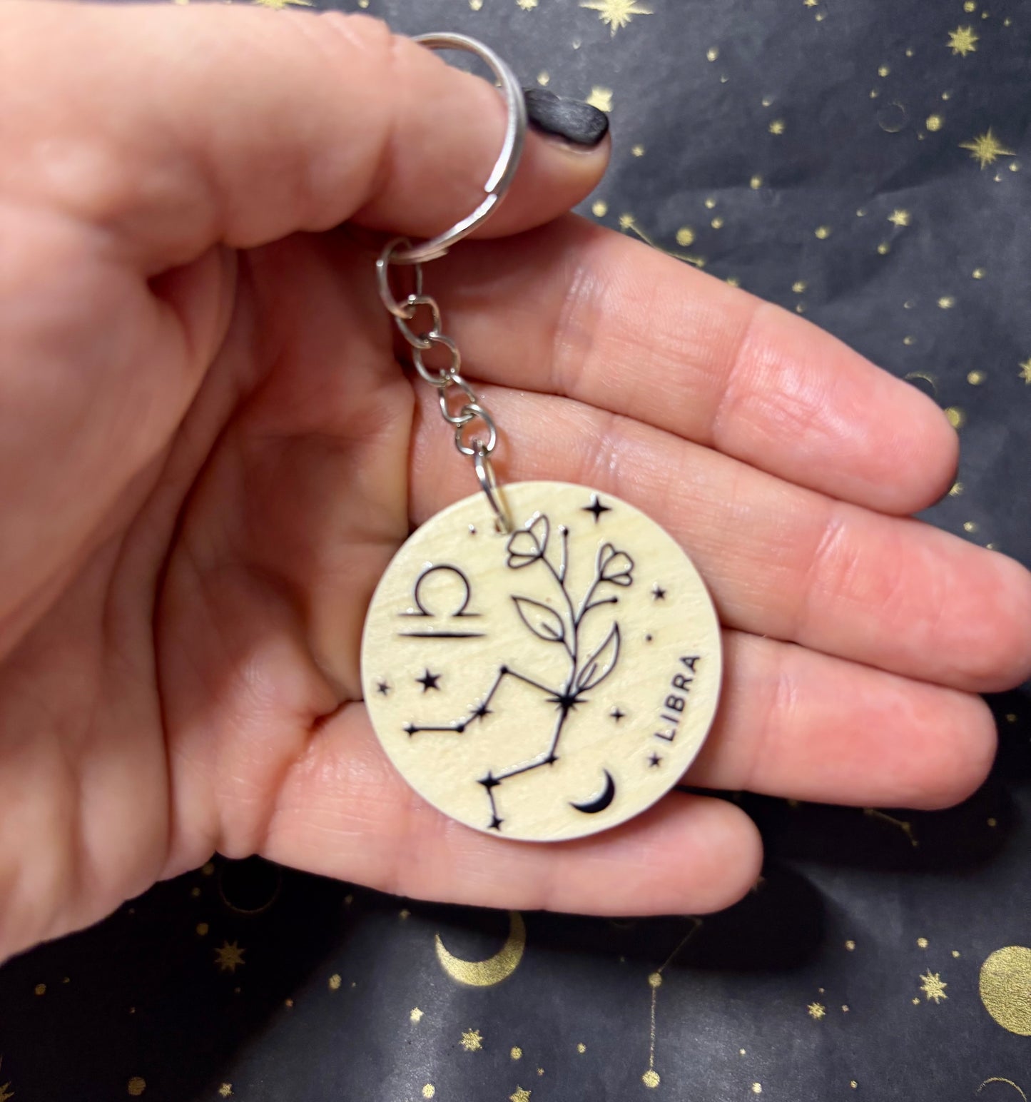 Libra Zodiac Constellation Keyring – Wooden Star Sign Keychain