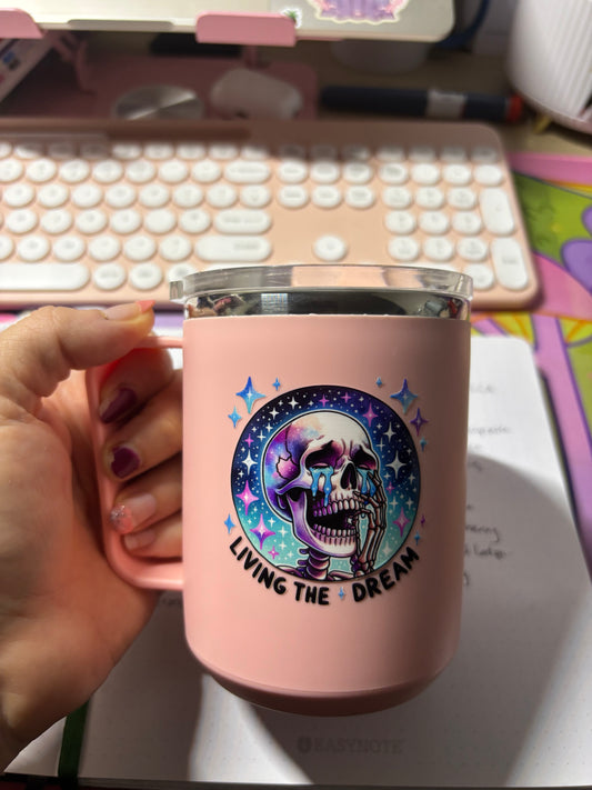 Pink Thermal Mug | Living the Dream Skull Design | Insulated Coffee Cup with Lid