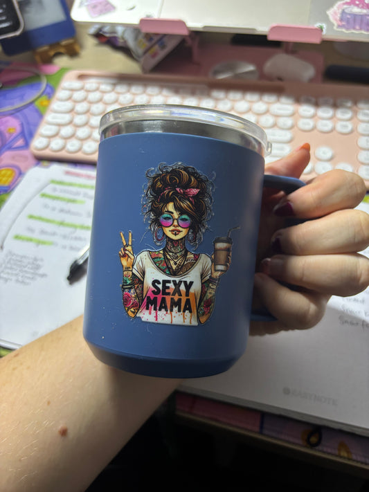 Navy Blue Thermal Mug | Insulated Coffee Cup with Lid | Mama & Sexy Mama Designs