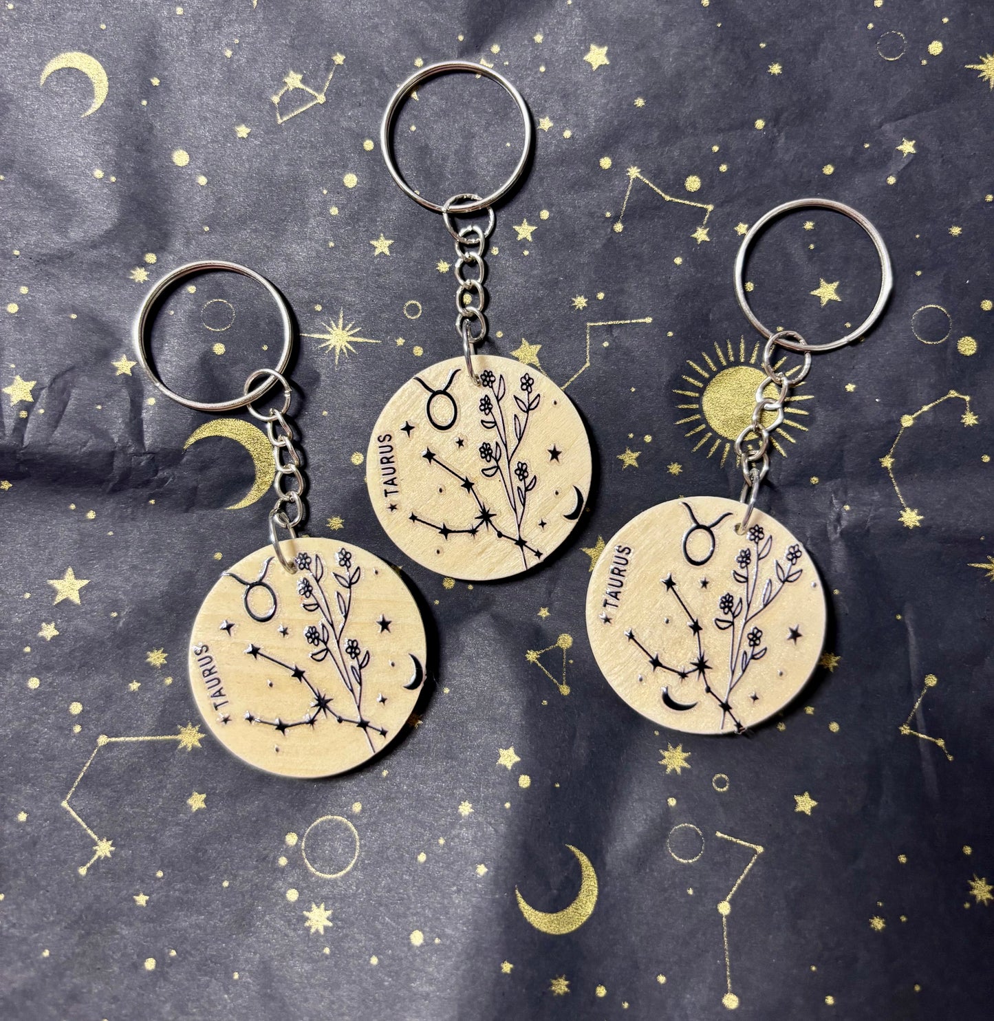 Taurus Zodiac Constellation Keyring – Wooden Star Sign Keychain