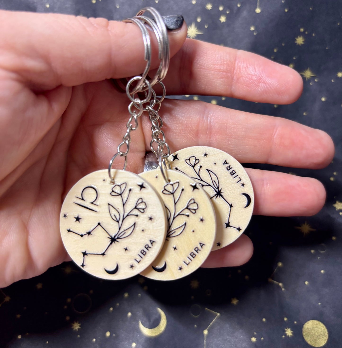 Libra Zodiac Constellation Keyring – Wooden Star Sign Keychain