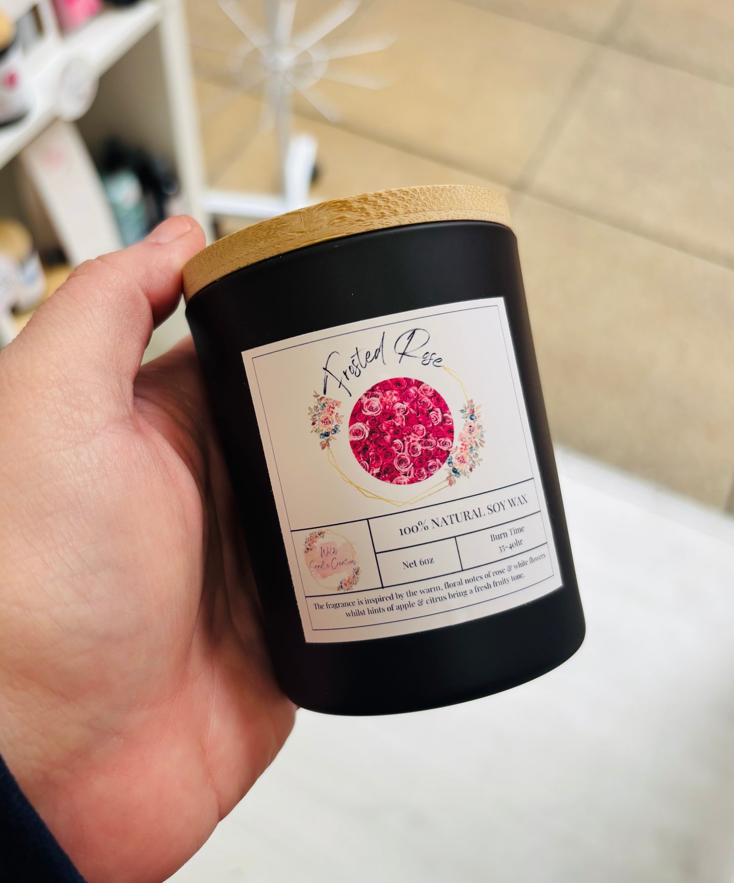 Frosted Rose Soy Candle | Black Jar with Bamboo Lid | Hand-Poured 6oz