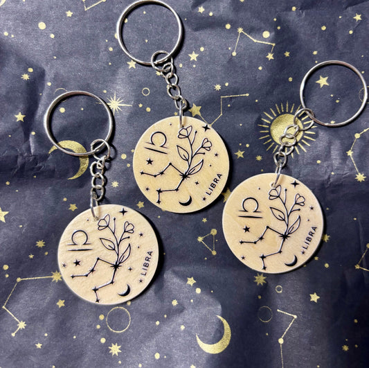 Libra Zodiac Constellation Keyring – Wooden Star Sign Keychain