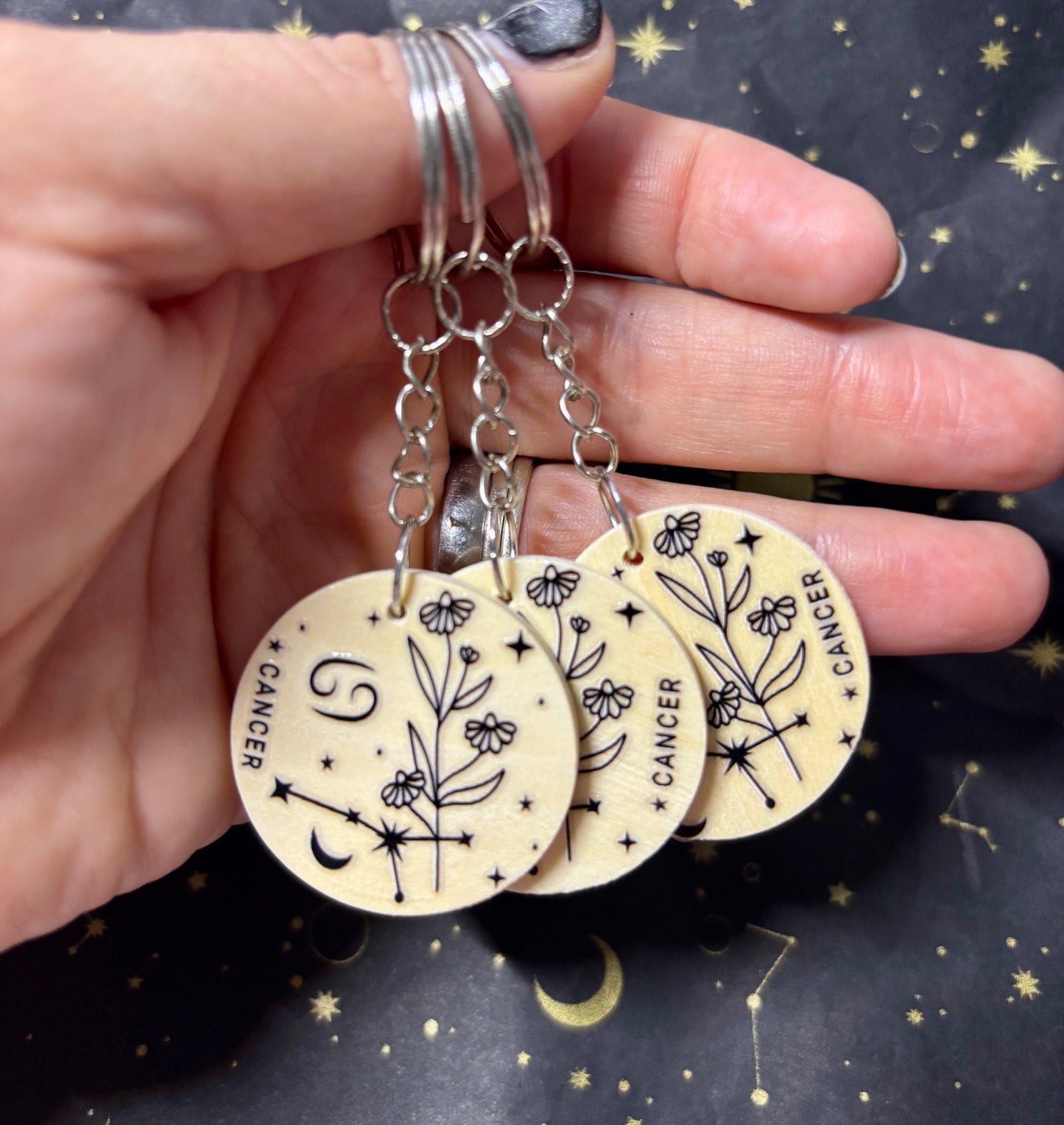Cancer Zodiac Constellation Keyring – Wooden Star Sign Keychain