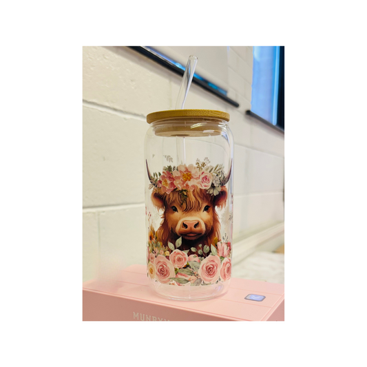 Floral Highland Cow Libbey Glass – 16 oz